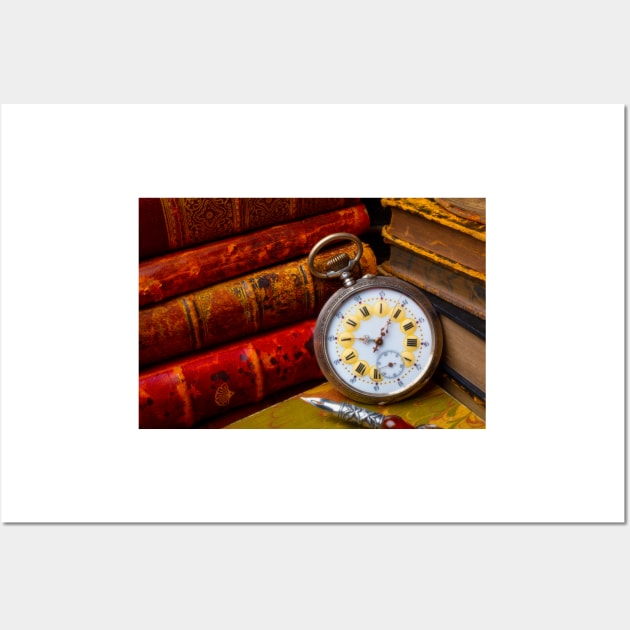 Beautiful Old Pocket Watch And Stacked Books Wall Art by photogarry